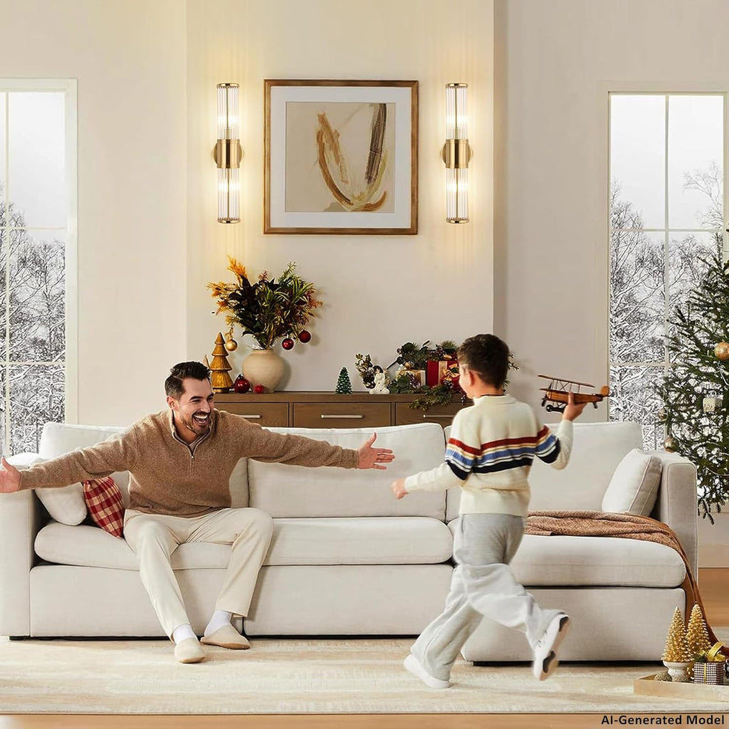 Brushed Brass Vanity Light Fixture 1 Pack, Dual Glass Rods Wall Sconce , Double Light Socket E12 Candelabra Base