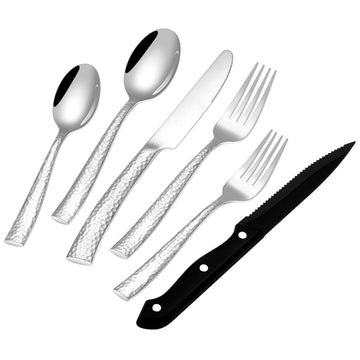 48-Piece Hammered Silverware Set with Steak Knives, Stainless Steel Flatware Set for 8, Mirror Finish Cutlery Set