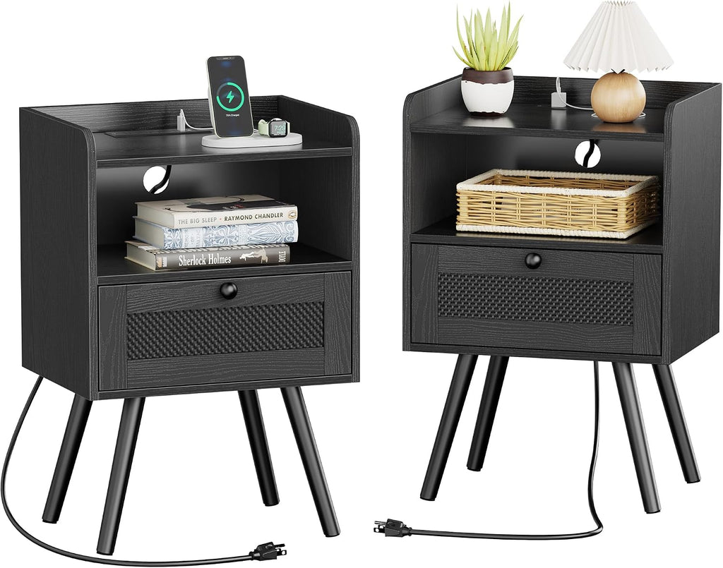 Nightstands with Charging Station, Bedside Table Set of 2 with Texilene Surface Drawers, Rattan Side Table with