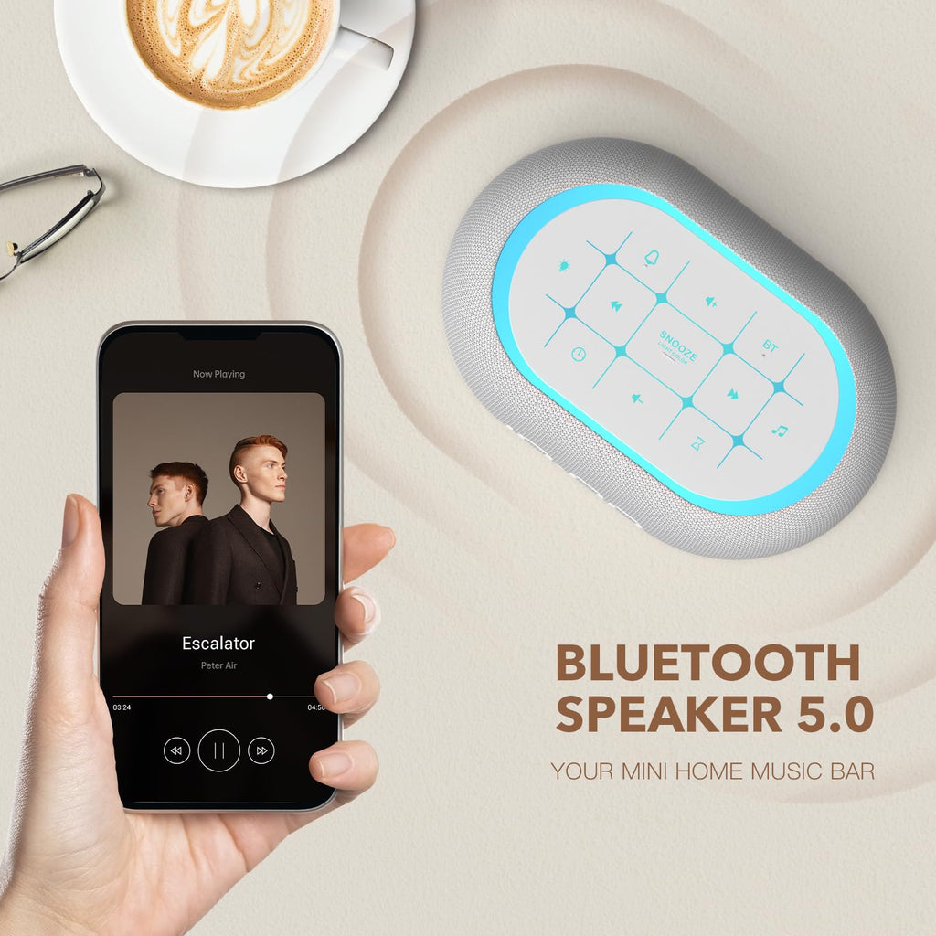 White Noise Sound Machine Alarm Clock with Bluetooth Speaker, 21 Relaxing Sounds, 7 Night Lights,0-100% Dimmer/Sleep