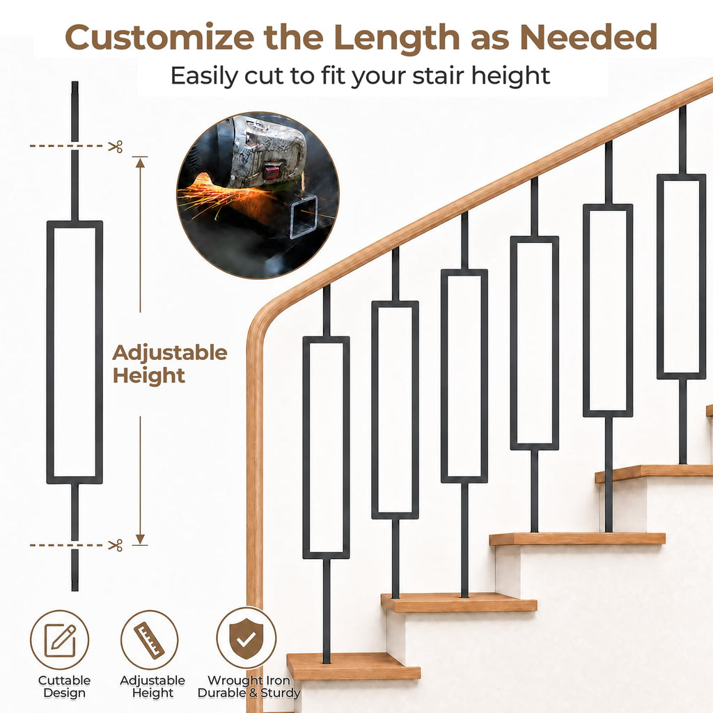 16 Pack Wrought Iron Balusters, 44 Inch Square Hollow Stair Spindles
