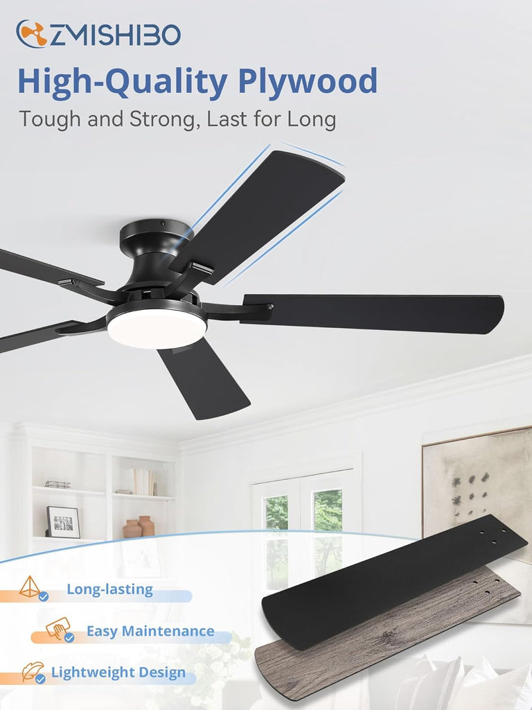 60 Inch Ceiling Fan with Light, App&Remote Control, Flush Mount Low Profile, Dimmable 20W LED Light, Quiet Reversible Motor for Bedroom, Living Room, Apartment, Black A101-B0F8B78QVG