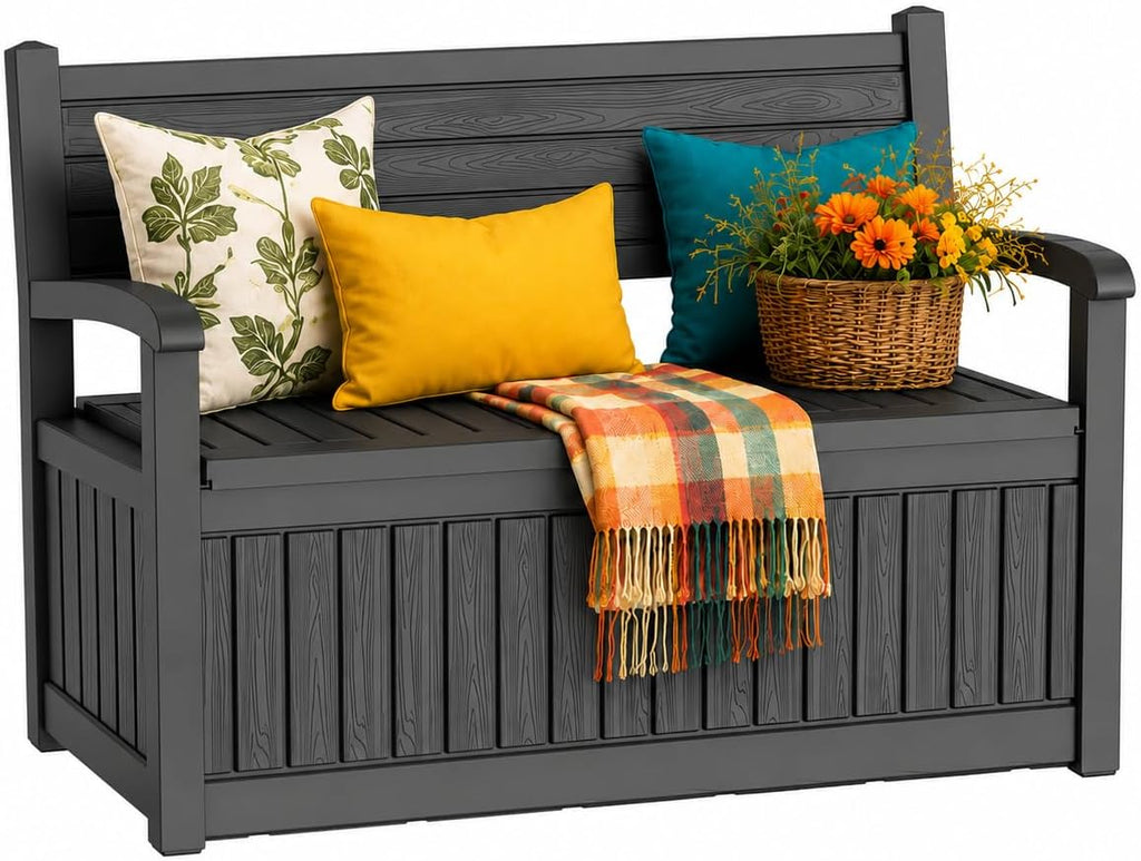 Outdoor Bench, Waterproof Garden Storage Bench, 100 Gallon Deck Box | Lockable Resin Bench Seating Weatherproof