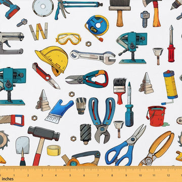 Tools Upholstery Fabric, Construction Tools Fabric By The Yard, Cartoon Engineering Decorative Fabric, Building