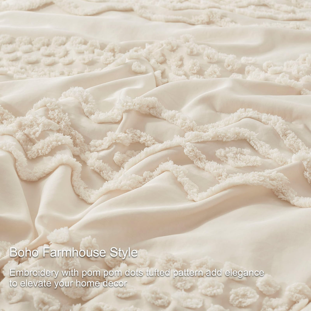 Beige Tufted Comforter Set, 3 Pieces Queen Size Boho Bedding Set