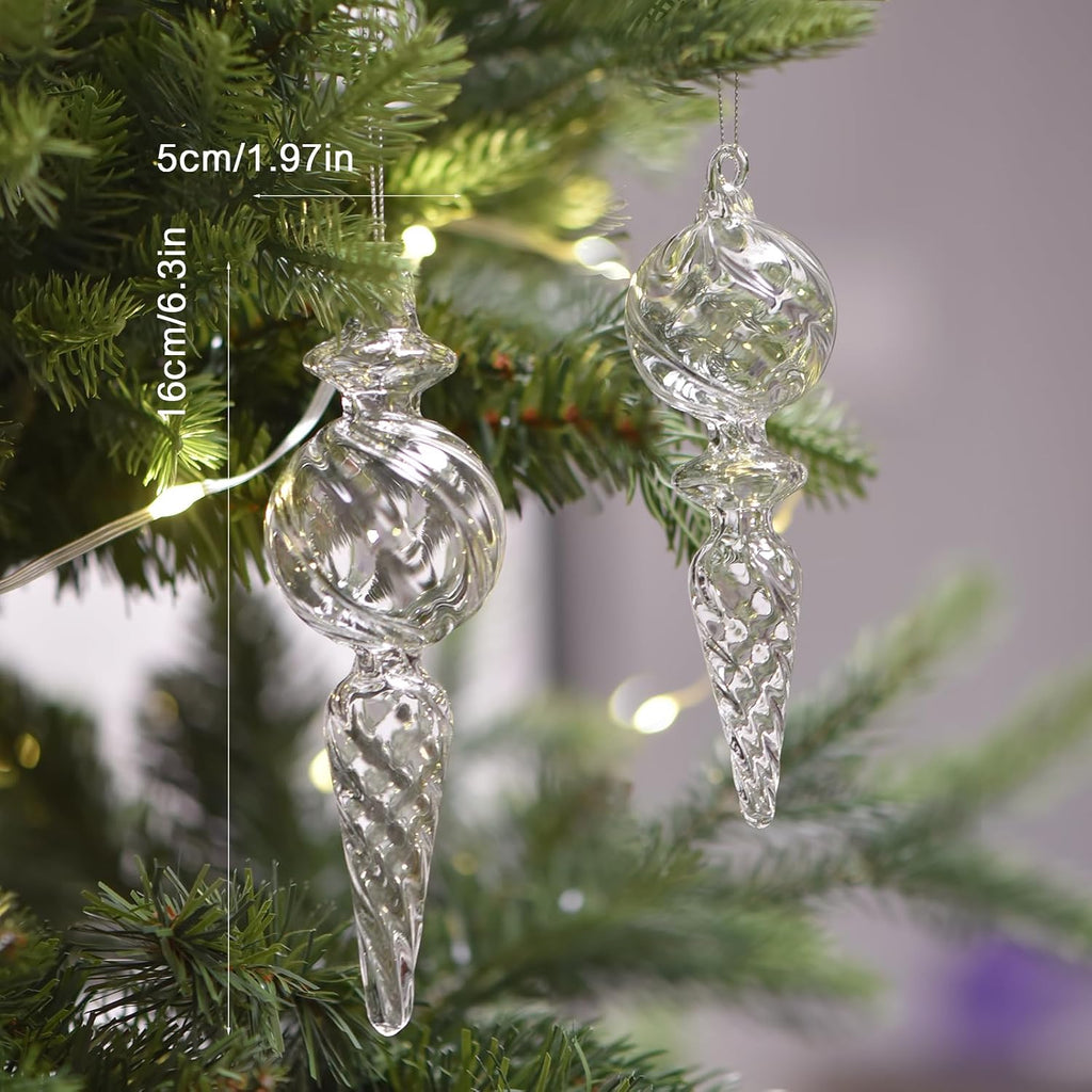 6-Inch Hand-Blown Glass Finial Christmas Tree Hanging Ornaments -Large Elegant Clear Glass Vintage Holiday - Set of 6
