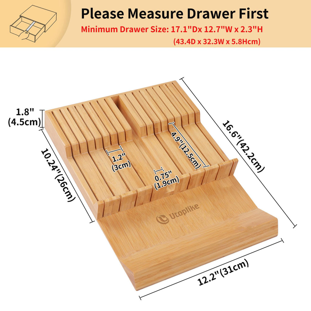 In-drawer Knife Block Bamboo Kitchen Knives Drawer Organizer Large