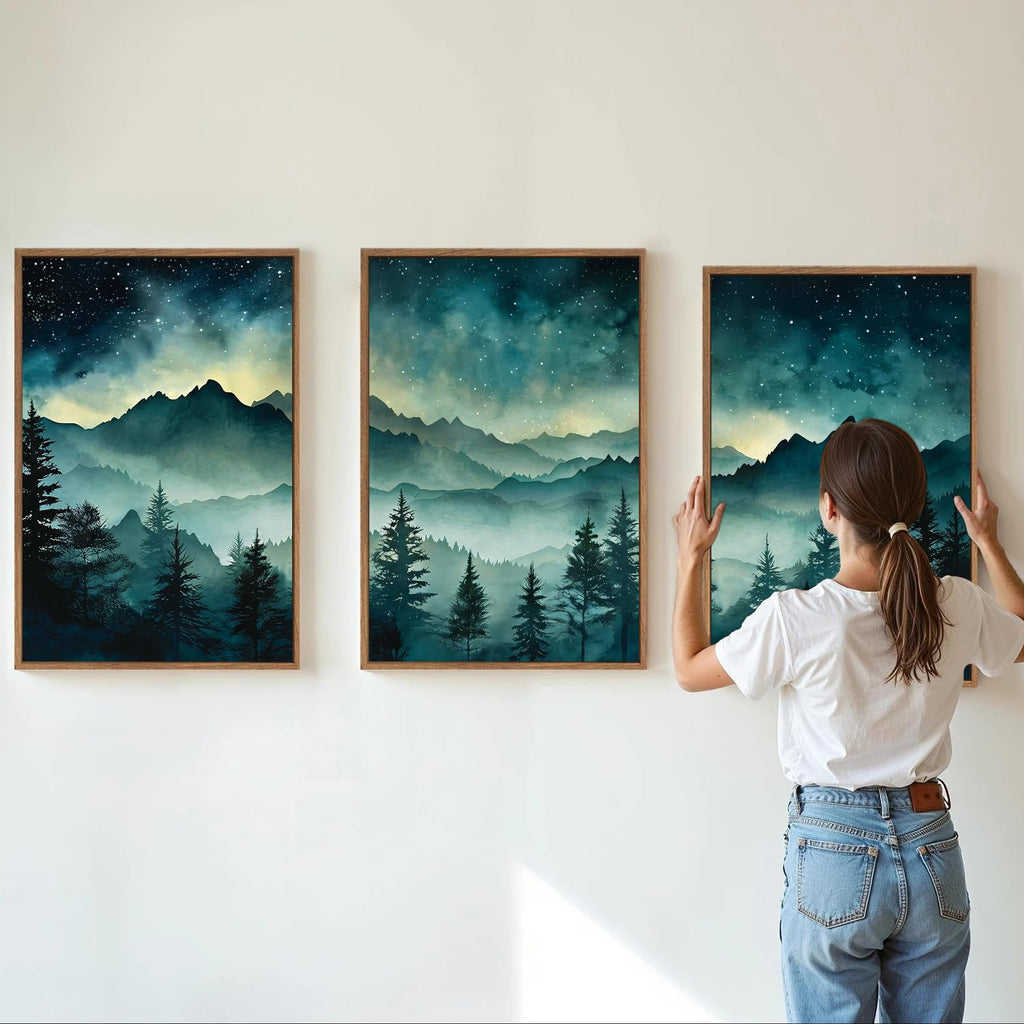 Misty Mountain Framed Canvas Wall Art, Nature Forest Green Pine Tree Wall Decor, Starry Night Art Paintings, Modern