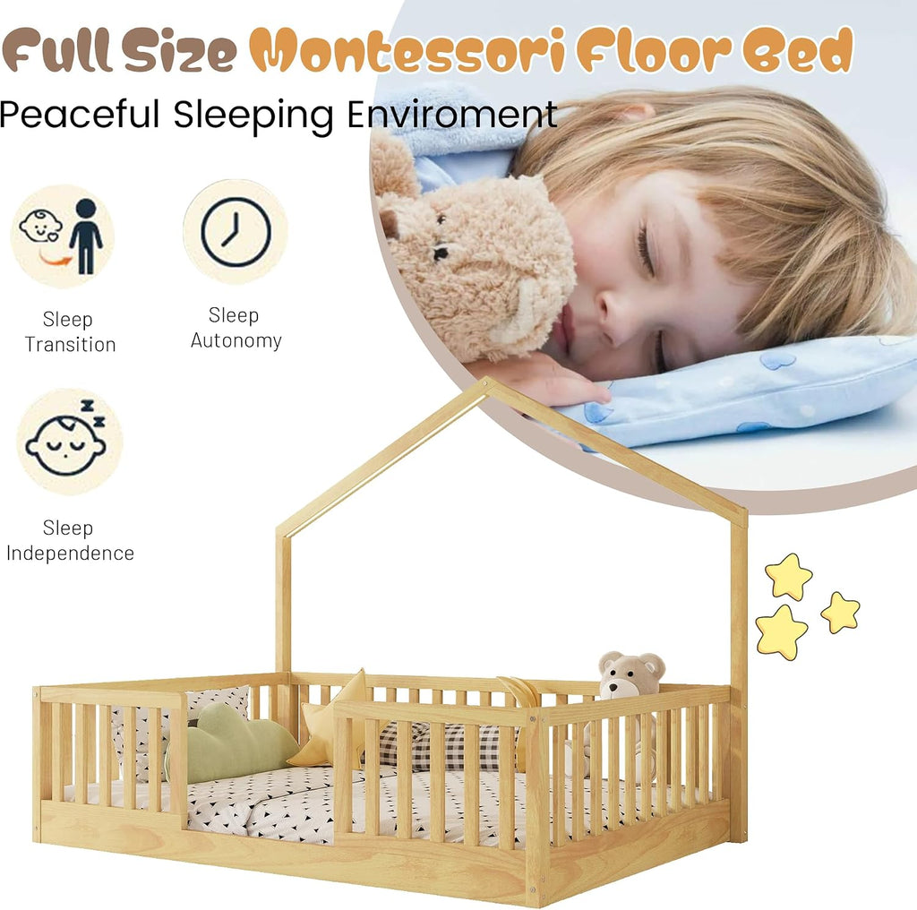 Montessori Floor Bed with High Rails, Wood House Beds Frame with LED Light, Low Profile Montessori Bed