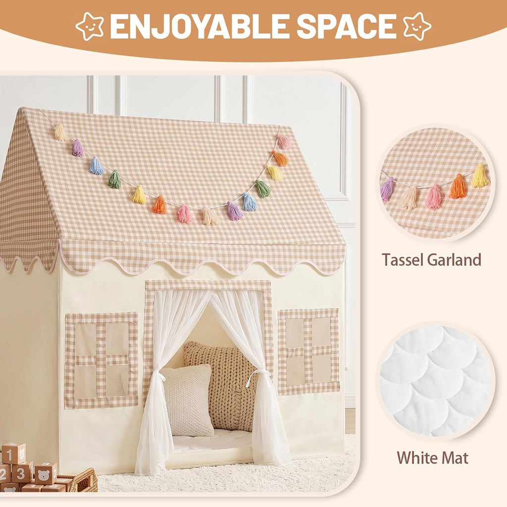 Kids Play Tent Indoor: with Brown Checkered, Mat, Rainbow Tissue Garland - Girl Tent Indoor Playhouse for Girls Kids