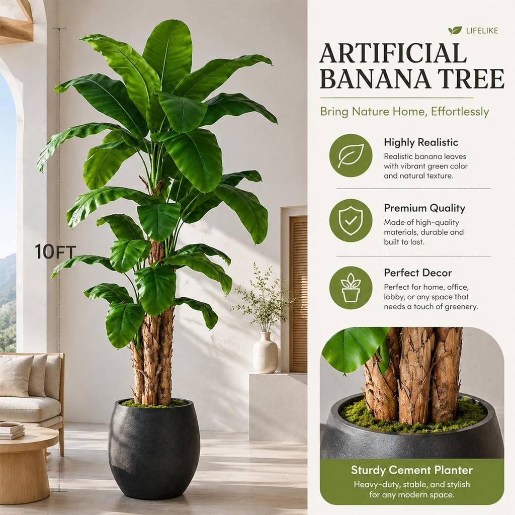 10ft Extra Tall Artificial Banana Tree, Fake Banana Leaf Plant with 27 Faux Banana Leaves, Perfect Indoor Outdoor