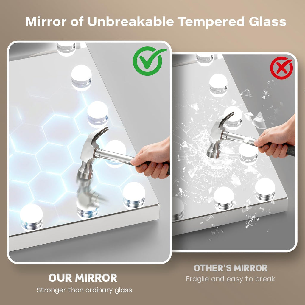 Hollywood Vanity Mirror with 10X/15X Magnification and Lights, USB/Type-C Port Makeup Mirror with 15 Dimmable LED
