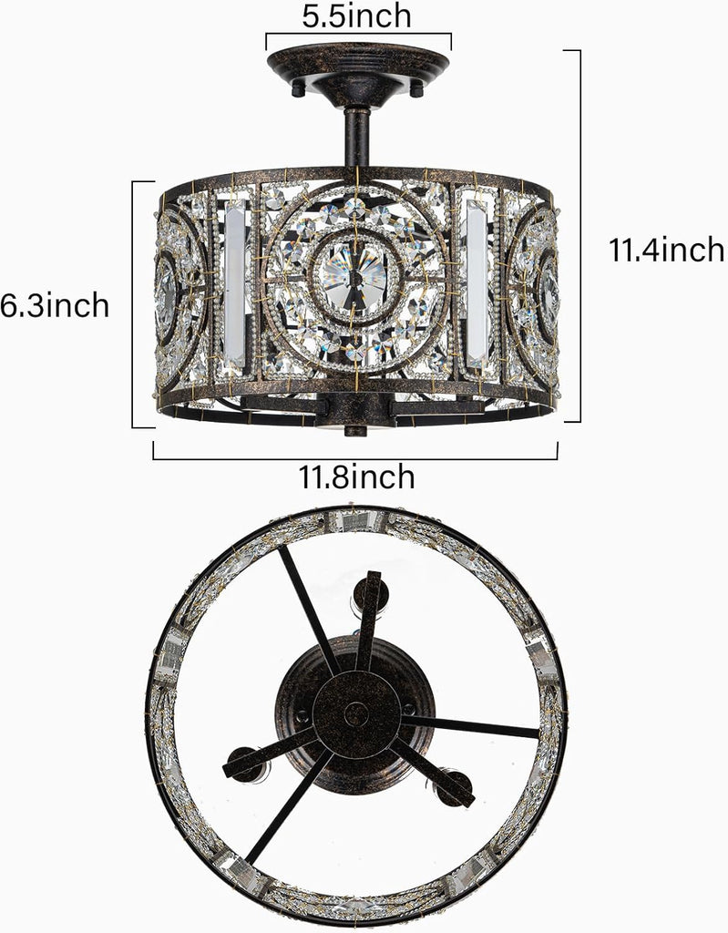 Vintage Crystal Drum Chandelier, 3-Lights Bronze Finish Retro Chandelier Lighting Fixtures, Semi Flush Mount Ceiling