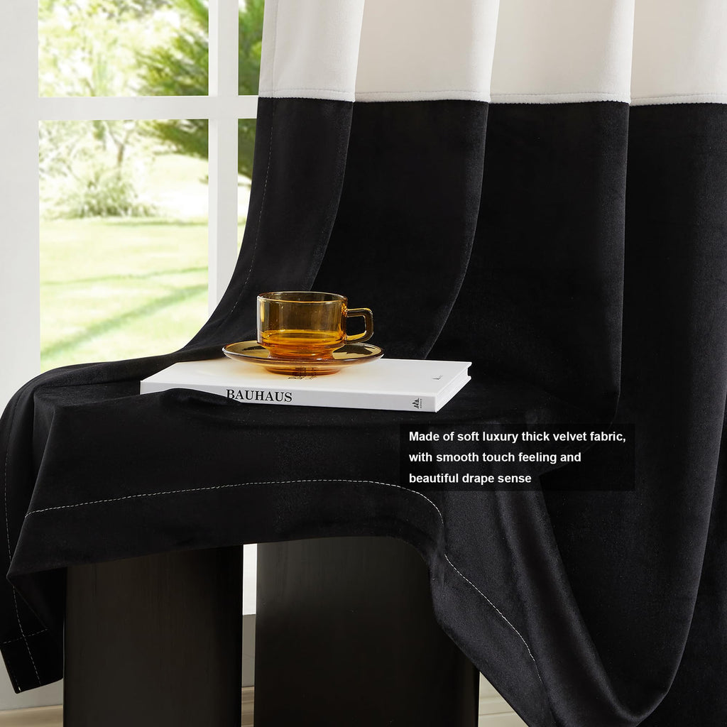 Modern Cream White Black Decorative Velvet Curtains 72 inches 2 Panels