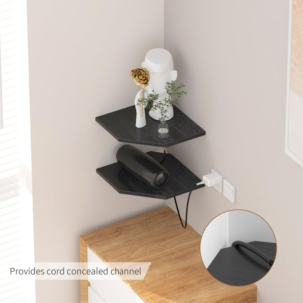 Corner Shelves, 12 Inch Corner Shelf Wall Mounted with Wire Hole, 4 Tier 13.3 Inch Deep Wooden Corner Hanging