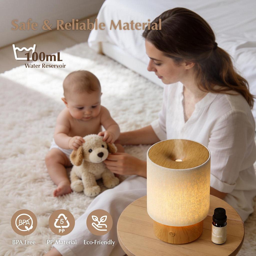 Essential Oil Diffuser with Fabric Cover, 100ml Aromatherapy Diffuser, Ultrasonic Diffuser with Night Lamp and Auto