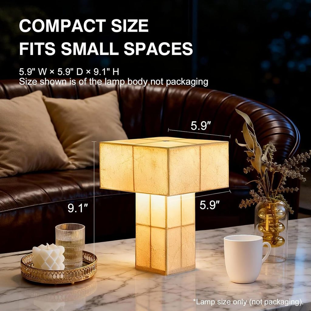 Cordless Small Table Lamp, USB-C Rechargeable Touch Dimmable Bedside Lamp with Handcrafted Fiber Shade