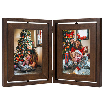 5x7 Picture Frame Rustic Wood Hinged Folding Double Photo Frame, Double Sided Display Rotatable High Definition Glass