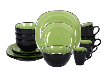 Stoneware Square 16pc Dinnerware Set, Inside Siny Green and Outside Matte Black