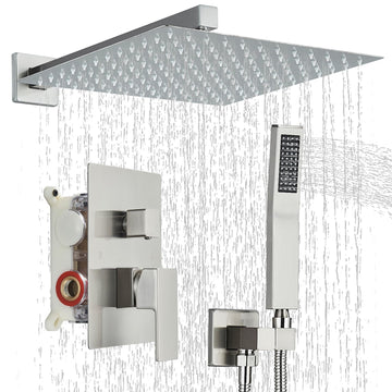 Shower Faucet Set Brushed Nickel Shower System with 12 Inches Rain Shower Head and Handheld Sprayer Wall Mounted