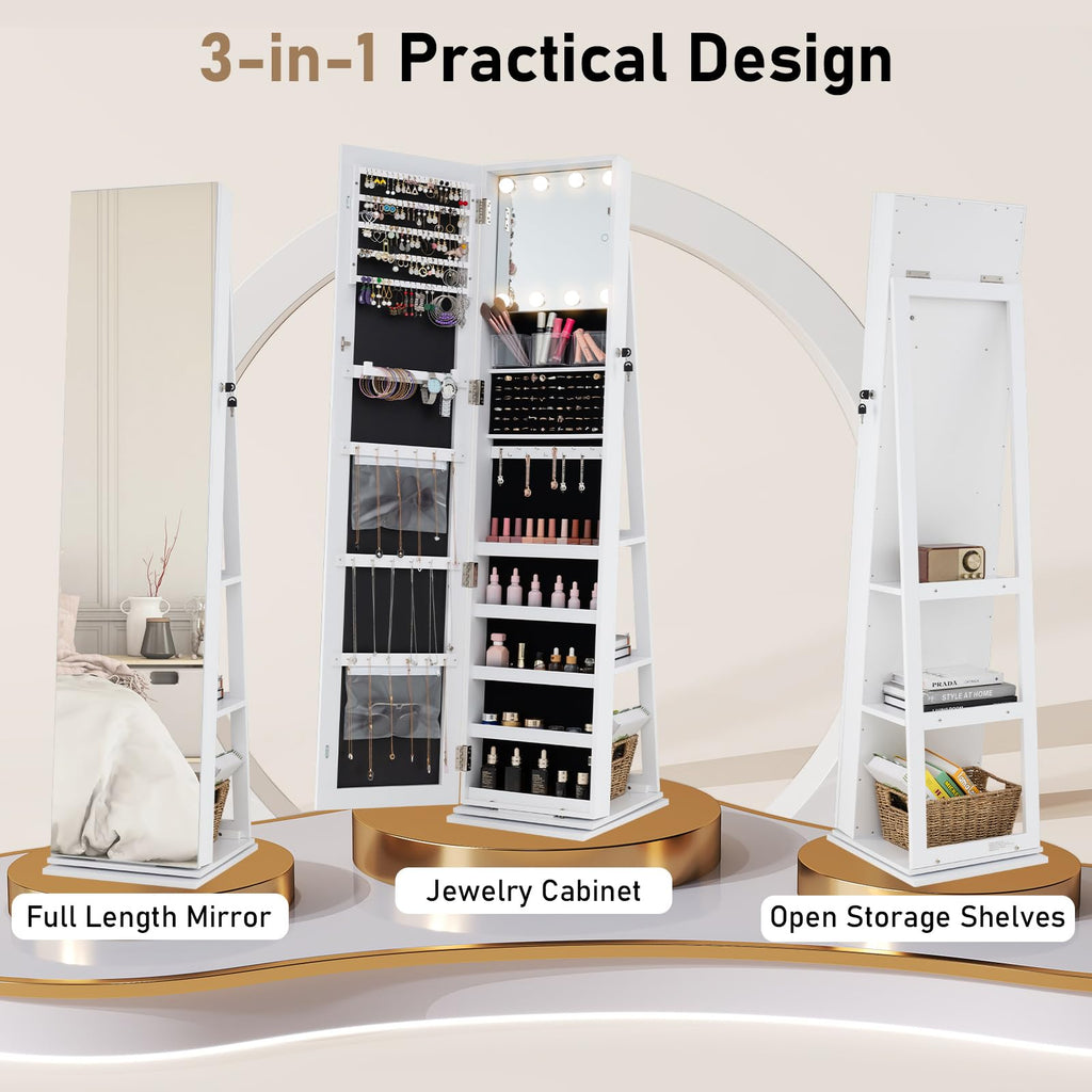 Swivel Jewelry Armoire with Full-Length Mirror & Lighted Makeup Mirror, 360° Rotating Jewelry Cabinet Organizer for
