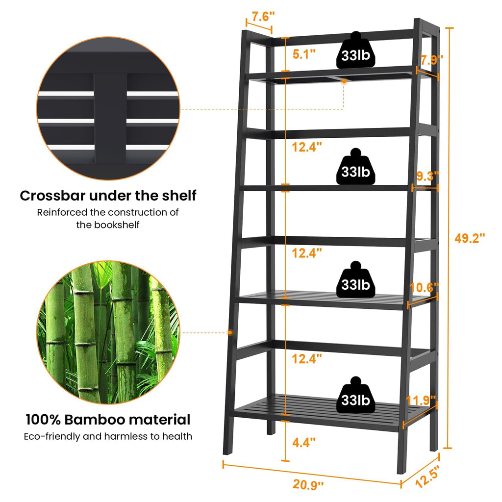 Black Ladder Shelf, 4-Tier Bamboo Bookshelf & Bookcase Organizer