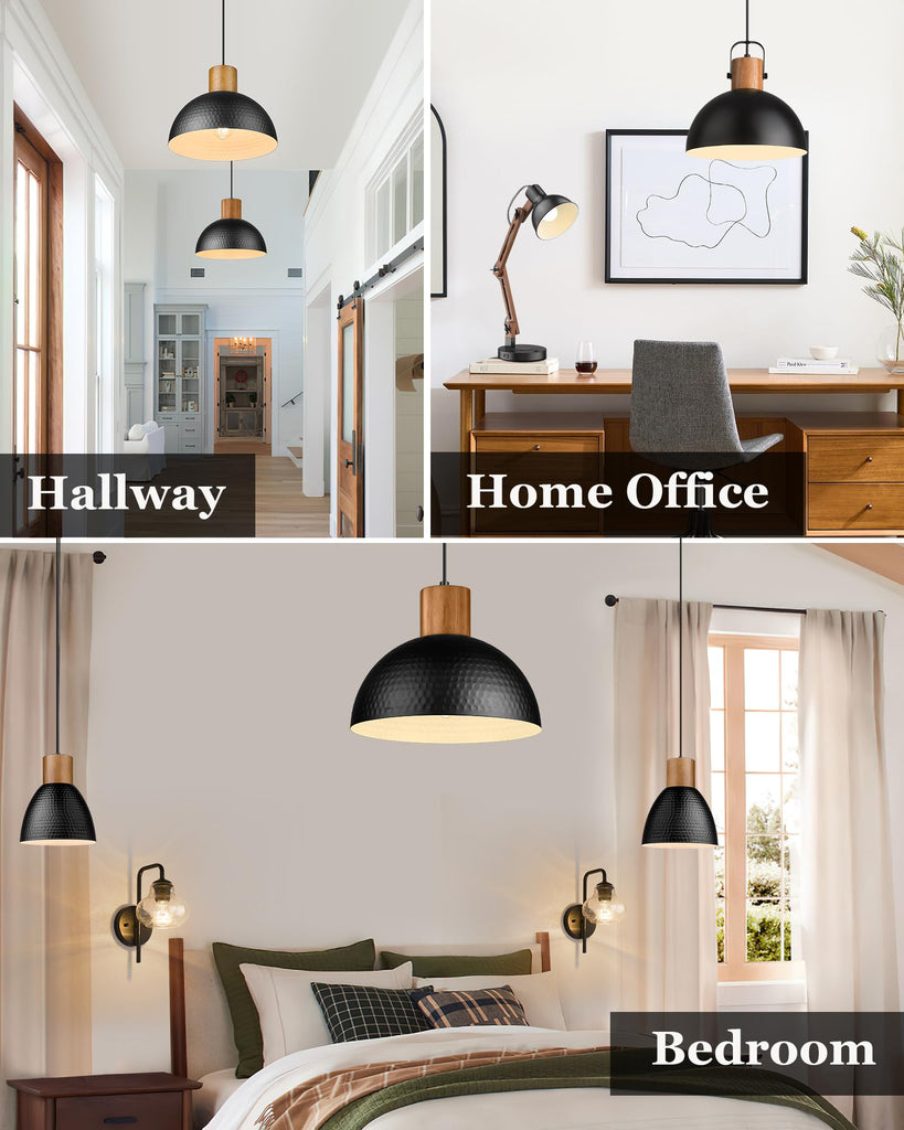 2 Pack Hammered Pendant Lights, 12" Industrial Metal Dome Hanging Lamp, Solid Wood Pendant Light Fixtures Island