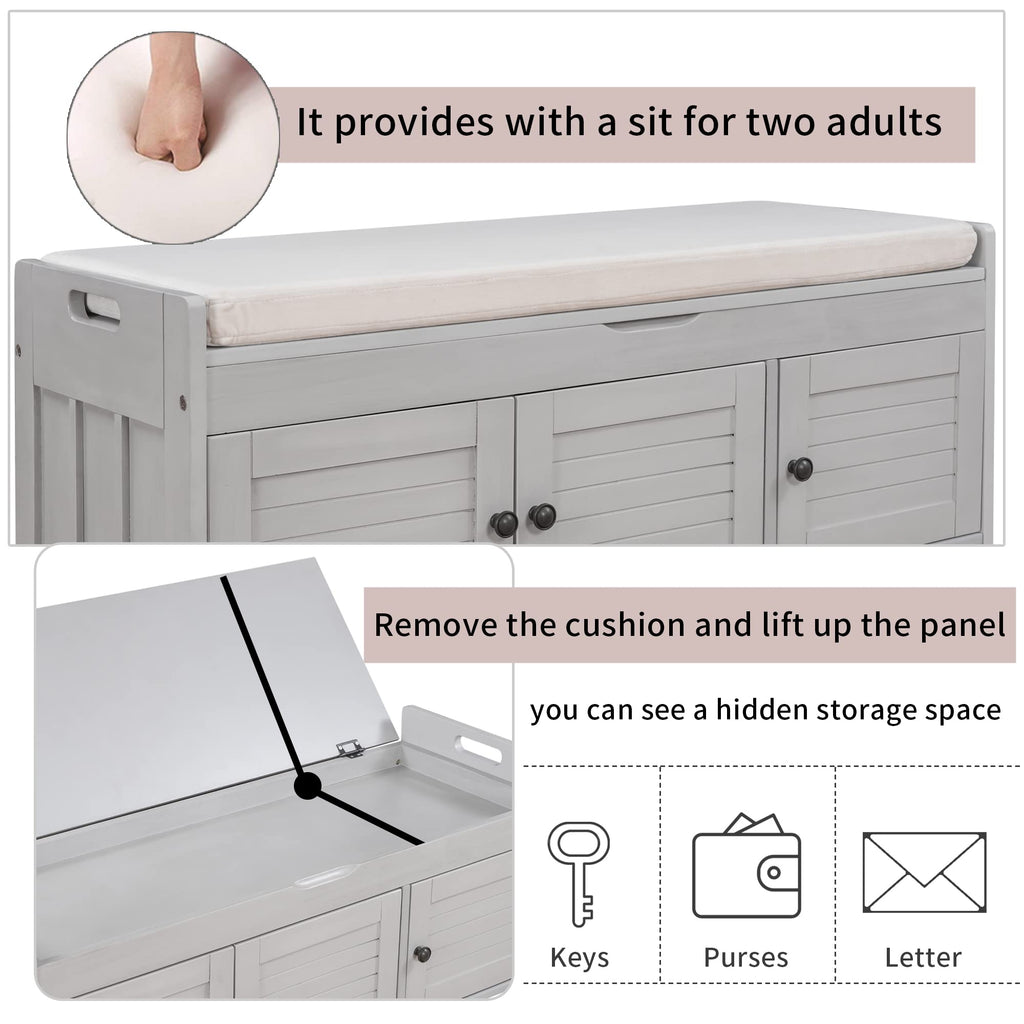 Storage Bench with 3 Shutter-Shaped Doors, Entryway Shoe Bench with Removable Cushion and Hidden Storage, Wooden