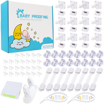 66 Pack Baby Proofing Kit | 12 Hidden Cabinet Drawer Locks, 8 Adjustable Latches, 26 Outlet Covers, 16 Corner Guards