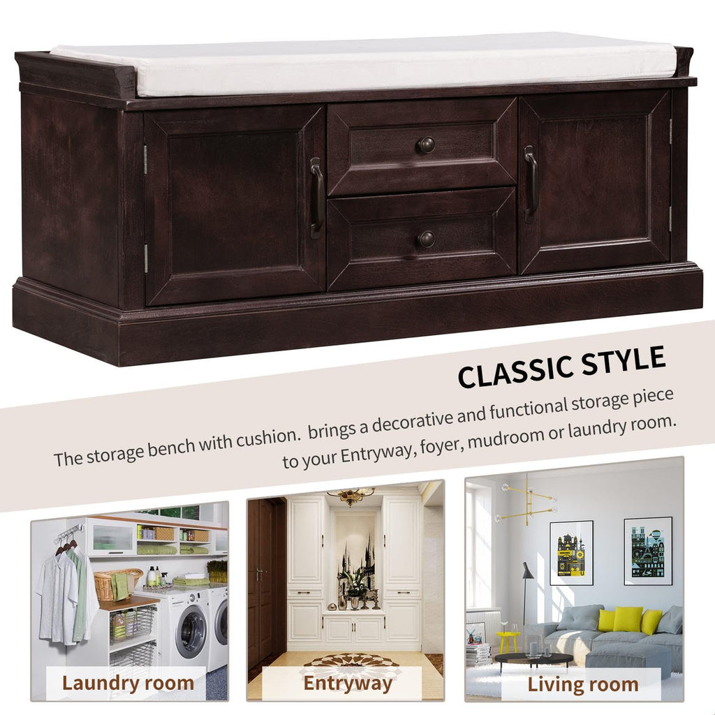 Rustic Storage Bench with 4 Doors 2 Draws Adjustable Shelves Removable Cushion Rectangular Cabinet Foot Rest Stool