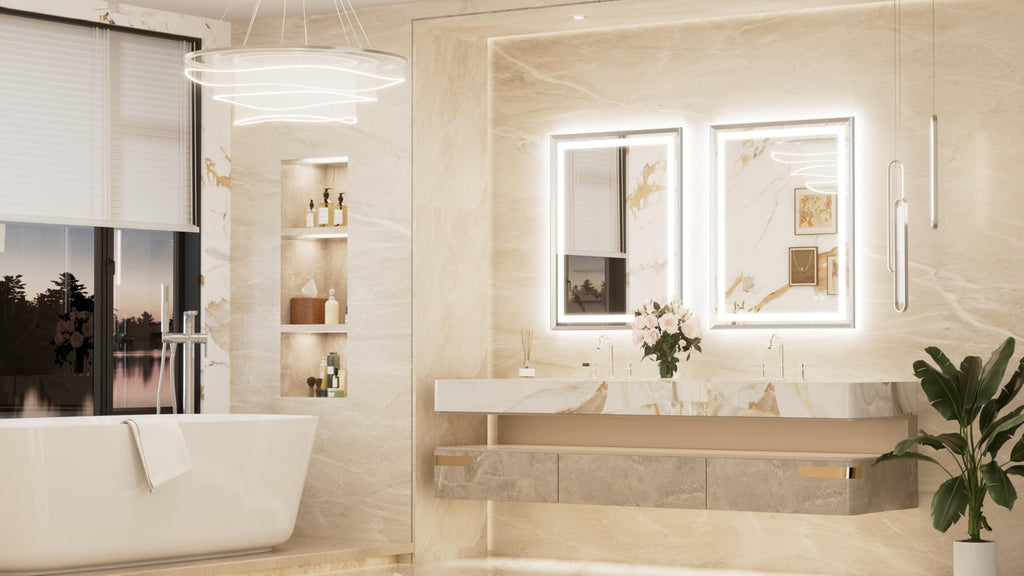 28x36 Inch Nickel LED Bathroom Mirror with Lights, Beveled Edge