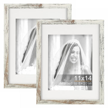 11x14 Picture Frames with 8x10 Mat Set of 2, Distressed White