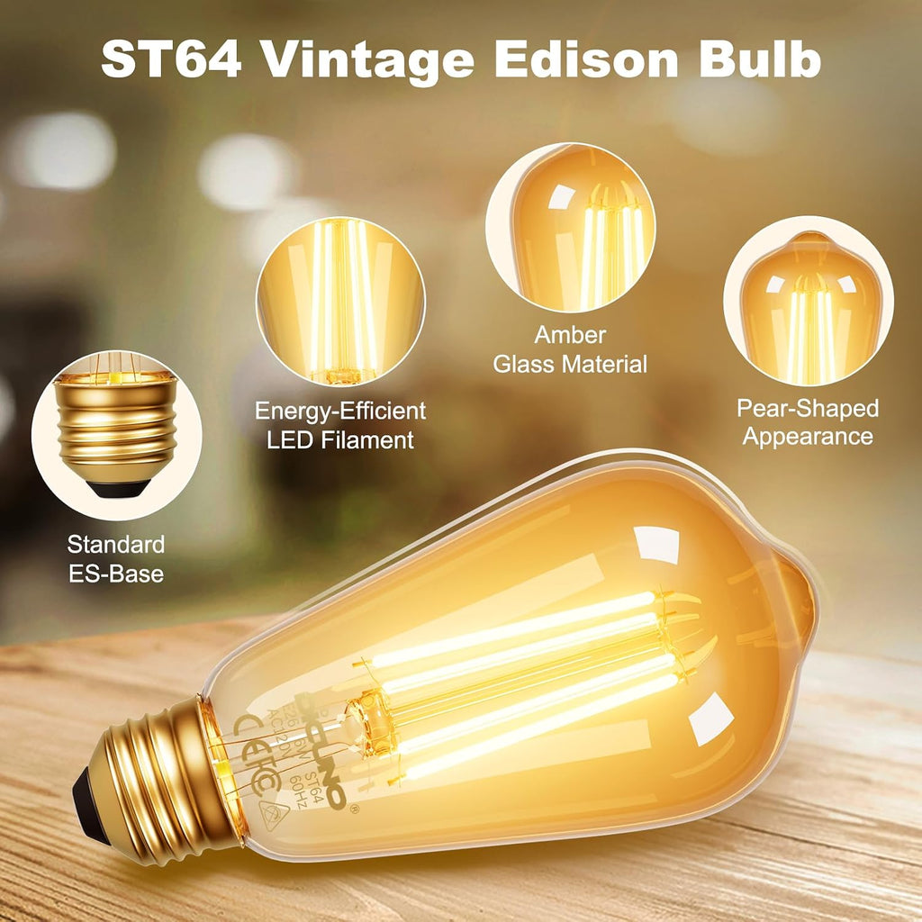 E26 Edison Bulbs 60W, 2200K Amber Warm, 6W LED Edison Bulb ST64, Amber Glass, Vintage LED Light for Home, 600LM, Non