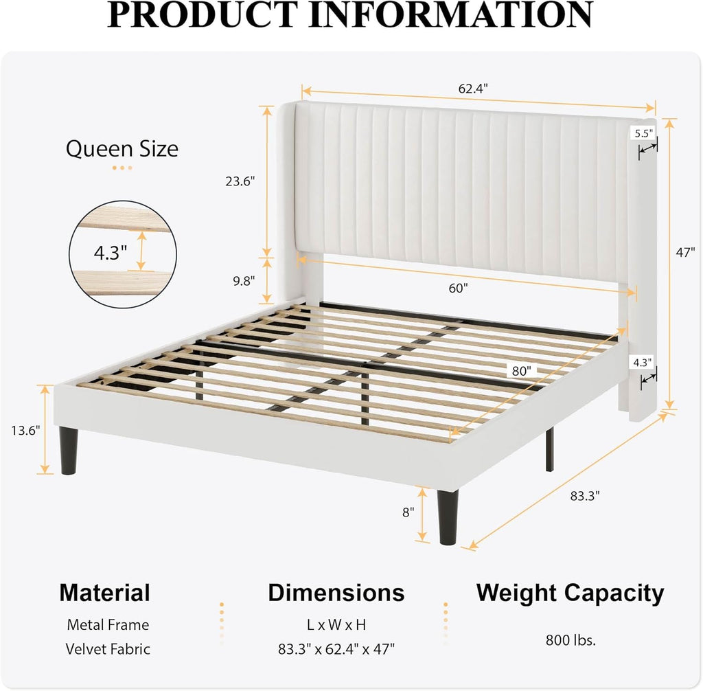 Queen Velvet Bed Frame with Vertical Channel Tufted Wingback Headboard, Upholstered Platform Bed with Wood Slats