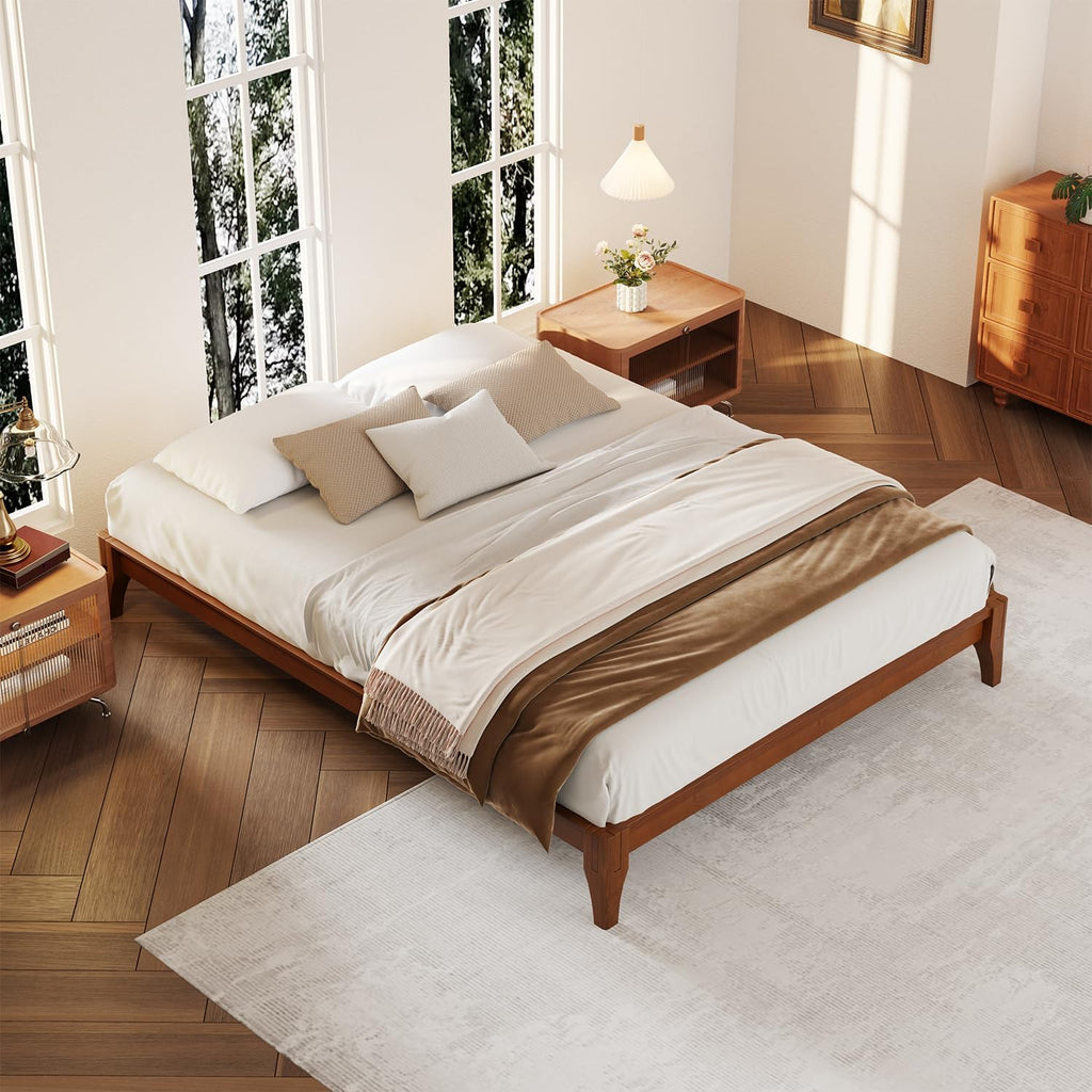 Queen Size Japanese Mid-Century Bamboo Wooden Bed Frame
