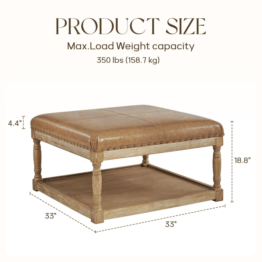 33-Inch Leather Ottoman Coffee Table, Large Ottoman with Shelf & Solid Wood Frame (Light Brown)