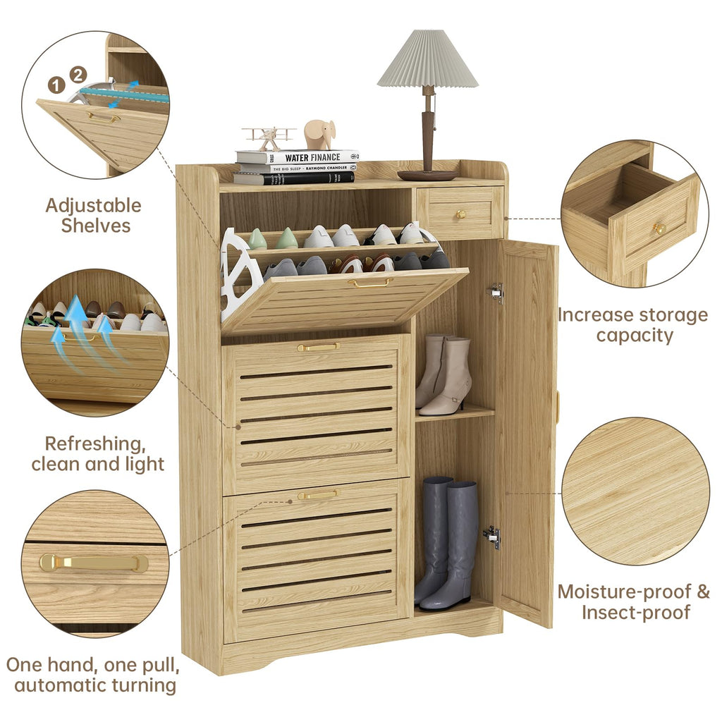 Shoe Cabinet Storage, Shoe Storage Cabinet with 3 Flip Drawers, Drawer & Adjustable Shelves, Slim Shoe Organizer