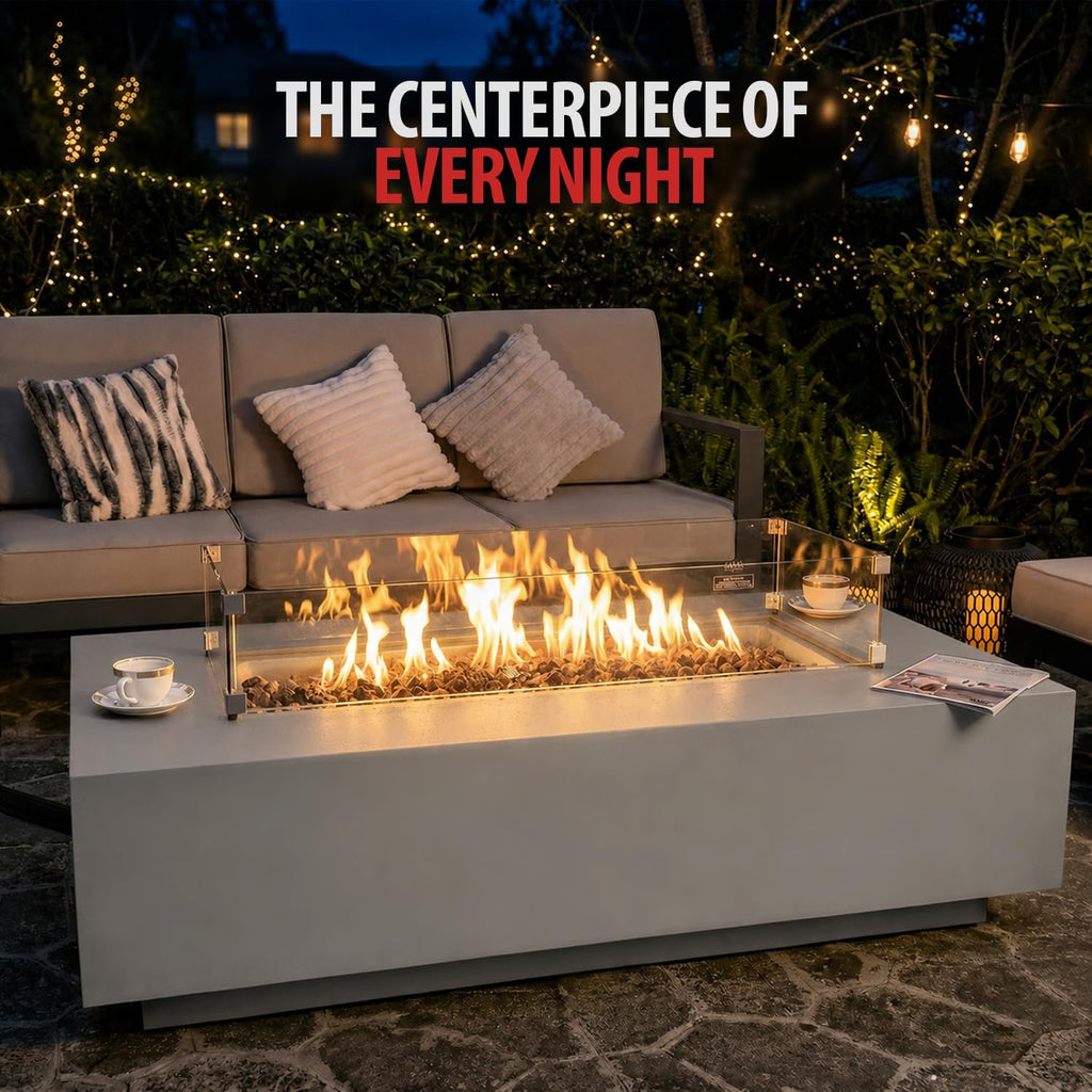 AMS 60" Rectangular Concrete GFRC Propane Gas Fire Pit Table (Light Gray) | (Madison) Smooth Texture Fire Pit Table