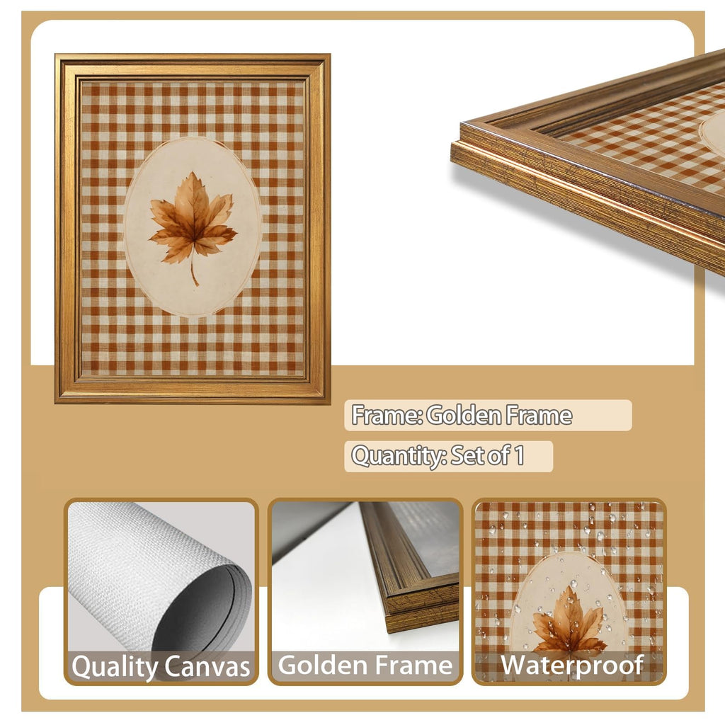 Gold Framed Autumn Leaf Canvas Wall Art Print Gingham Fall Botanical Painting Rustic Cottagecore Farmhouse Picture