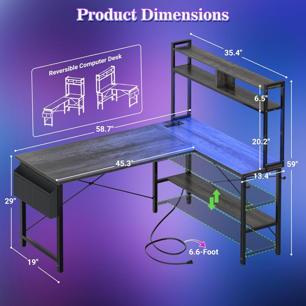 L Shaped Desk Gaming Desk, 59" L Shaped Computer Desk with LED Light & Power Outlet