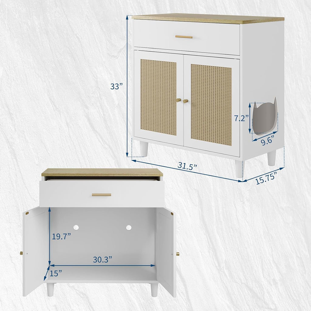 Cat Litter Box Enclosure with PE Rattan Decor Doors - Hidden Pet Storage Cabinet with Wood Feet & Scratching Pad
