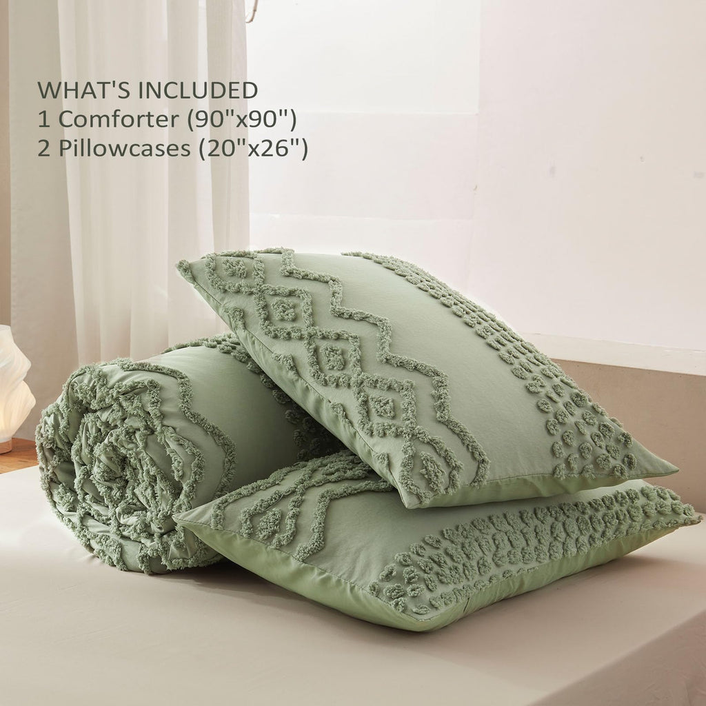 Sage Green Tufted Comforter Set, 3 Pieces Queen Boho Bedding Set