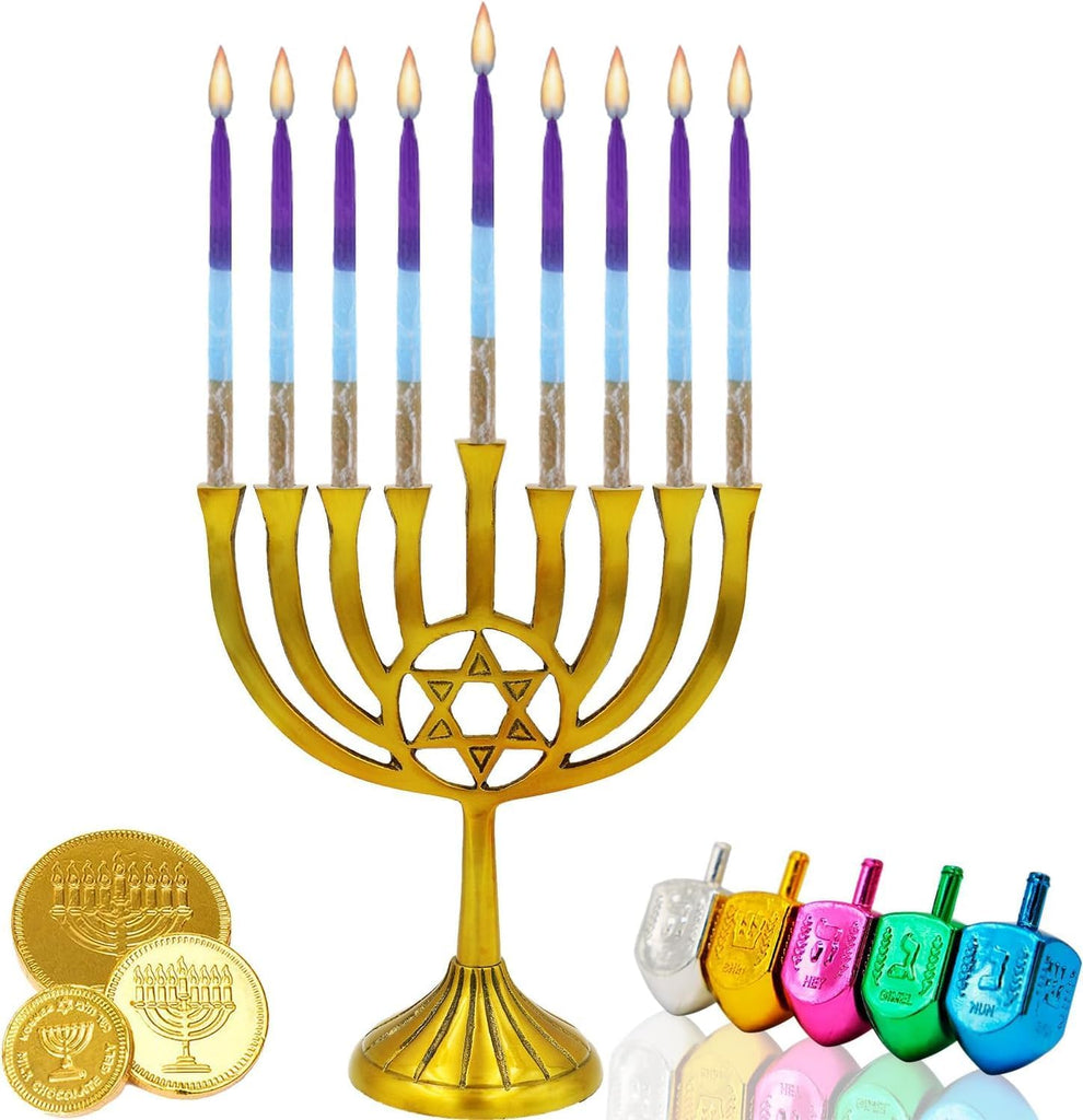Dripless Hanukkah Candles 45 Hanukkah Candles Decorative Purple, with Blue & Gold Frosted Stripes 1-Hour Burn Time - Set of 45