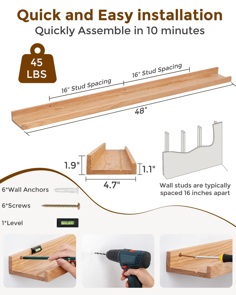Oak Picture Ledge Shelf, 48 Inch Floating Shelves Set of 2, Solid Oak Wood Wall Shelves with Lip, Wall Decor Storage