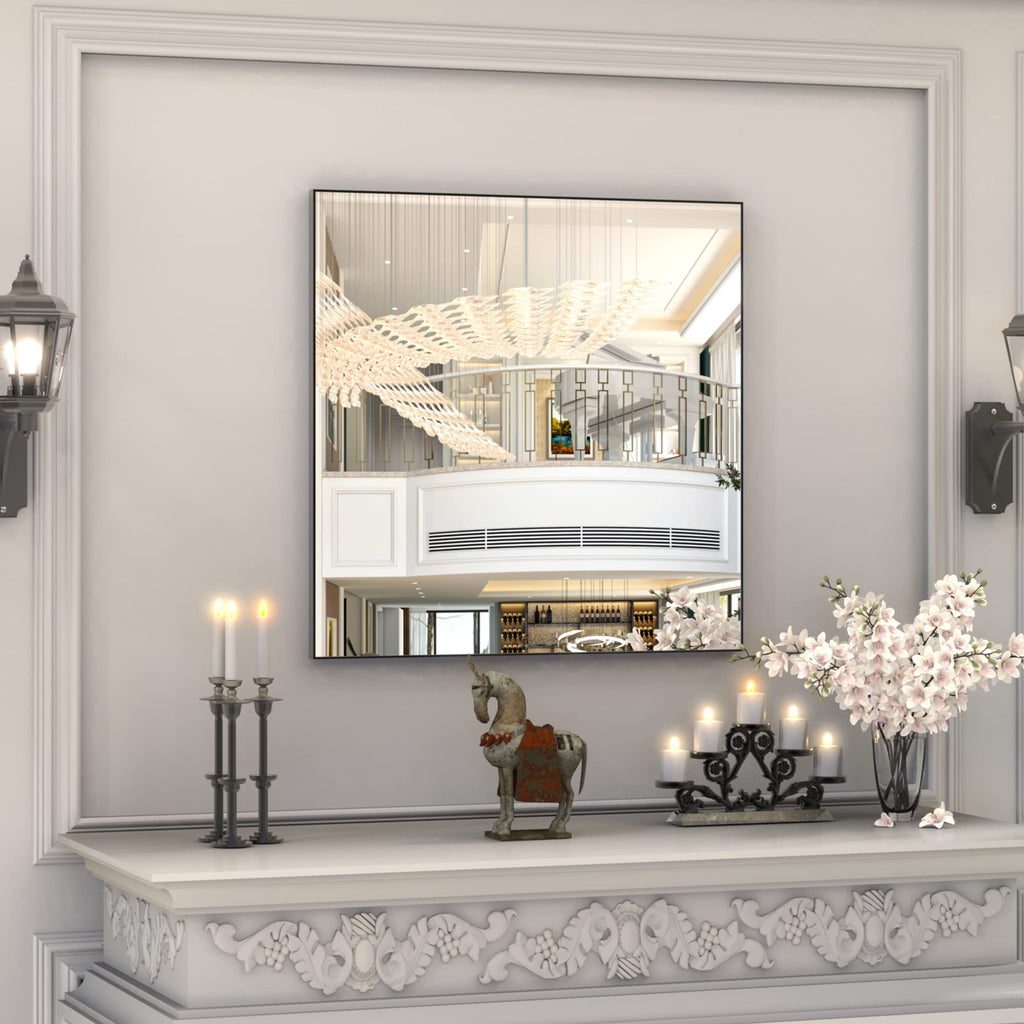 36x36 Inch Bathroom Mirror, Square Vanity Wall Mirror, Modern Non-Rusting Metal Frame Bathroom Mirror, Suitable, Black