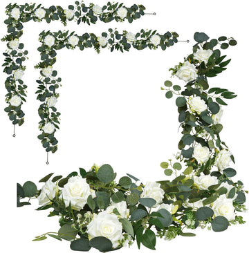 Artificial Flower Garland, White Rose Eucalyptus Vine, 2 Pack 12 ft Total, 6 ft Each, for Wedding Arch, Bridal Shower - Set of 2