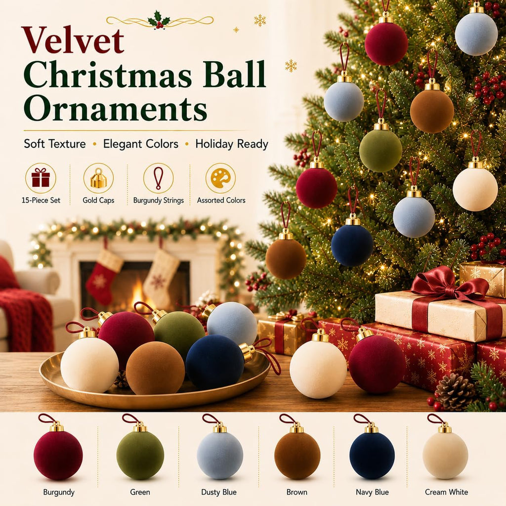 Velvet Christmas Balls Ornaments 15 Pcs, 3.15 Inch Burgundy Red Flocked Xmas Tree Ball Ornaments Shatterproof, Velvet