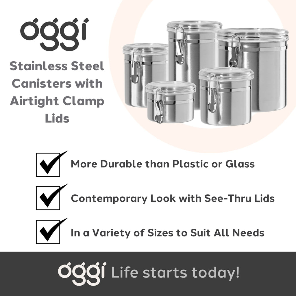 Stainless Steel Kitchen Canister 62 fl oz - Airtight Clamp Lid, Clear See-Thru Top - Ideal Storage, Food Storage
