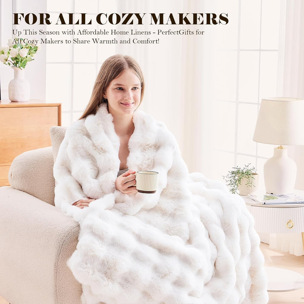 Faux Fur King Blanket for Couch, 1000 GSM Cozy Fuzzy Fluffy Soft Plush Thick Bubble Sherpa Blanket for Sofa Bedroom