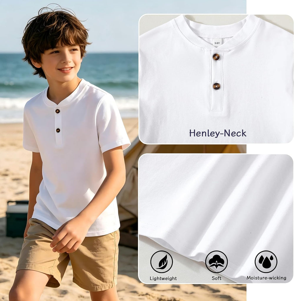 Boy Henley Short Sleeve Shirt Children Casual Solid Color Button Shirt